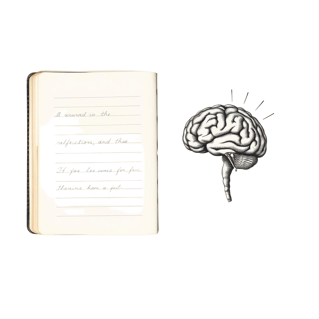 Vintage ink sketch of an open journal beside an engraved human brain